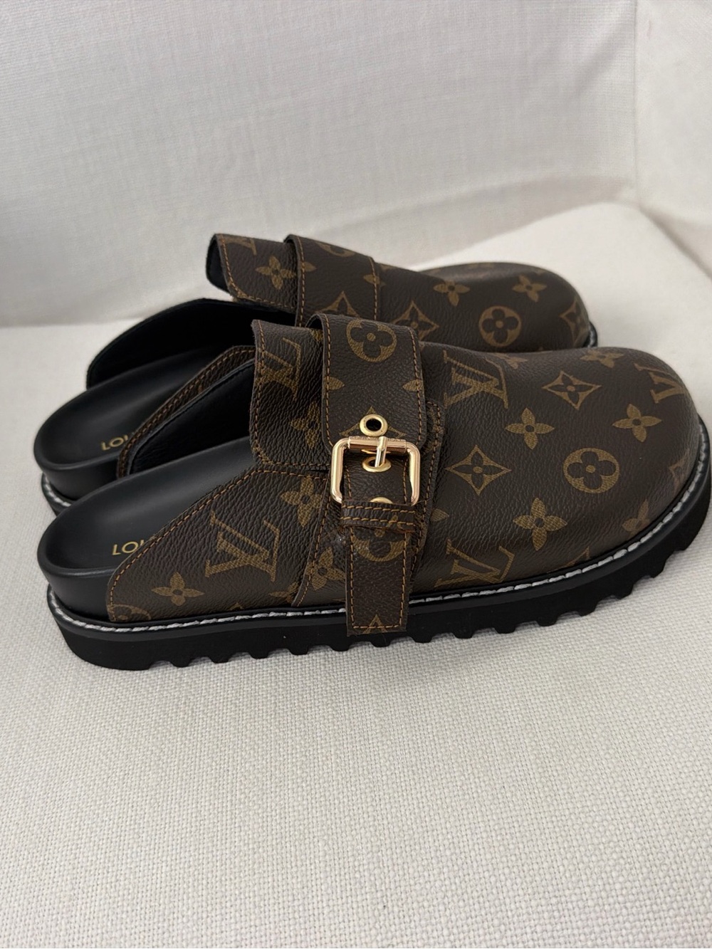 Louis Vuitton Monogram Leather Clog Mules with Gold Buckle size 9 women US